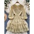 Long sleeved dress for women 2024 new French style design, niche V-neck lace single breasted fluffy short skirt