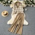 Autumn and winter new lazy style Korean version contrasting suit collar striped knitted sweater top two-piece set high waist wide leg pants