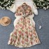 French retro mushroom border polo collar with bubble sleeves, cinched waist to show slimming temperament, floral chiffon pleated dress for summer wear