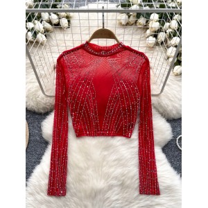 Hot and spicy women's summer European and American sexy heavy industry hot stamping thin half high neck long sleeved short style exposed navel mesh T-shirt