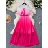 French high-end bow tie tied short sleeved waist cinched pleated dress for women to look slim and have a gradient color chiffon skirt