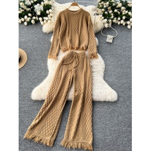 French retro vintage tassel set women's round neck knitted loose fit slimming sweater+high waist slimming wide leg pants