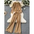 French retro vintage tassel set women's round neck knitted loose fit slimming sweater+high waist slimming wide leg pants