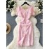 High end temperament dress for women, French fashion, elegant square neck, bubble sleeves, embroidered beads, flower waist cinching, slimming dress dress