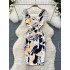 Goddess Fan Yujie dress, female summer socialite, sexy square neckline, waist cinching, slimming mid length printed suspender dress