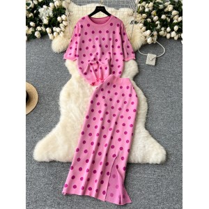 Ladies' high-end knitted suit with polka dot round neck short sleeved top and mid to long slit sweater skirt