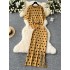 Ladies' high-end knitted suit with polka dot round neck short sleeved top and mid to long slit sweater skirt