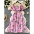 French retro square neck bubble sleeve printed dress for women in 2024 summer, high waist, slimming temperament, super fairy first love dress