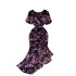 French romantic atmosphere floral dress, women's summer bubble sleeves, irregular design, niche light luxury fish tail long skirt