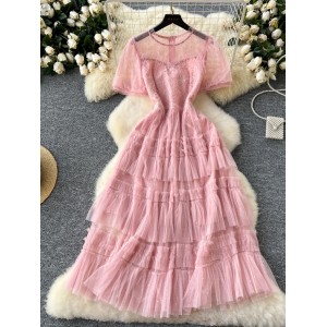 Sweet heavy industry nail bead studded diamond round neck bubble sleeve waist cinching slimming temperament sequin sparkling fluffy mesh dress