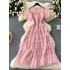 Sweet heavy industry nail bead studded diamond round neck bubble sleeve waist cinching slimming temperament sequin sparkling fluffy mesh dress