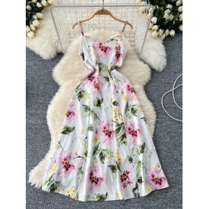 European and American style dress for women 2024 new high-end temperament, waist cinching and slimming fashion printed suspender dress, long skirt