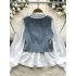 Korean style women's early autumn new French sweet and versatile long sleeved shirt+beaded diamond layered denim vest