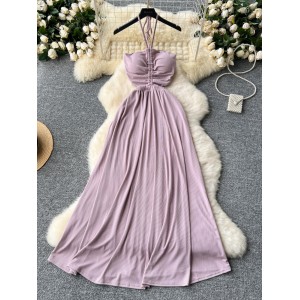 Pure Desire Style Women's Summer Dress New Heart Machine Hollow out Wrinkle Skirt Hanging Neck Straightening Waist Show Thin and Falling Dress