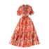 French retro mushroom border polo collar with bubble sleeves, cinched waist to show slimming temperament, floral chiffon pleated dress for summer wear