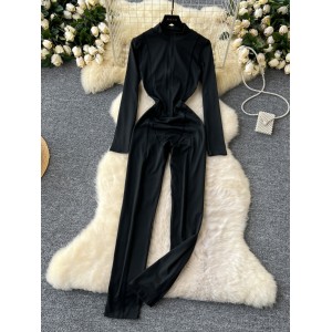 European and American sexy stand up collar zipper long sleeved tight fitting jumpsuit women's slimming, fashionable and versatile hot girl shapewear