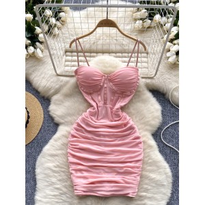 European and American Ins sexy suspender dress, pure desire style, strapless, pleated, waist cinching, slimming, tight fitting, hip hugging, mesh short skirt