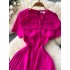 European and American socialite fashion dress with a sense of female design, three-dimensional flower round neck short sleeved high waisted pleated long skirt