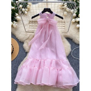 Eugen chiffon fluffy fairy dress summer outfit new sweet bow tie tie hanging neck sleeveless vacation dress for women