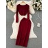 Autumn and Winter Goddess Style Knitted Set Women's V-neck Long Sleeve Short Sweater+Medium to Long Split Half Skirt Two Piece Set