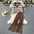 Autumn and winter new lazy style Korean version contrasting suit collar striped knitted sweater top two-piece set high waist wide leg pants