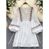 Bohemian vacation dress for female niche retro heavy embroidery V-neck lantern sleeves loose waist A-line short skirt