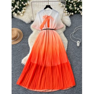 French high-end bow tie tied short sleeved waist cinched pleated dress for women to look slim and have a gradient color chiffon skirt