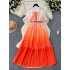 French high-end bow tie tied short sleeved waist cinched pleated dress for women to look slim and have a gradient color chiffon skirt