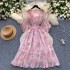 French style gentle design with tied waist and V-neck flared sleeves, slimming and elegant ruffled floral chiffon dress