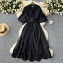 French retro elegant dress with bow tie, lantern sleeves, cinched waist, slimming effect, lace patchwork, large swing long skirt for women