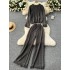 French retro vintage tassel set women's round neck knitted loose fit slimming sweater+high waist slimming wide leg pants