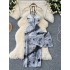 New Chinese style improved retro qipao hanging neck suspender, ink printed split dress+bottom shorts two-piece set