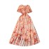 French style tea break retro round neck ruffle edge patchwork dress for women with a cinched waist, slimming effect. Floral chiffon knee length skirt