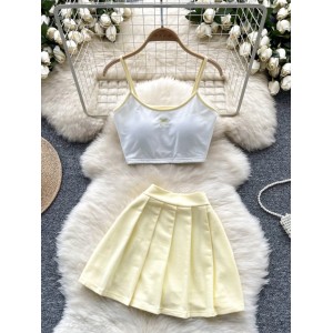 Dopamine summer outfit women's sweet embroidered short camisole vest two-piece set women's high waisted pleated half length skirt