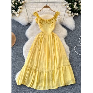 Sweet and gentle fairy dress 2024 new one shoulder wooden ear cinched waist slimming A-line ruffled edge dress