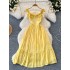 Sweet and gentle fairy dress 2024 new one shoulder wooden ear cinched waist slimming A-line ruffled edge dress