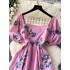 French retro square neck bubble sleeve printed dress for women in 2024 summer, high waist, slimming temperament, super fairy first love dress