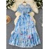 French style tea break retro round neck ruffle edge patchwork dress for women with a cinched waist, slimming effect. Floral chiffon knee length skirt