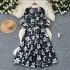 French retro fashion printed dress for women with loose straps, waist cinching and slimming effect, A-line large swing, hanging feeling, long skirt