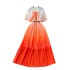 French high-end bow tie tied short sleeved waist cinched pleated dress for women to look slim and have a gradient color chiffon skirt