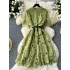 French retro elegant dress for female heavy workers with hollowed out embroidery lace round neck short sleeved waist slimming A-line dress