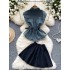 Korean style fashionable retro polo collar sleeveless single breasted waist cinched denim top for women, versatile puffy skirt set