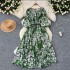 French retro fashion printed dress for women with loose straps, waist cinching and slimming effect, A-line large swing, hanging feeling, long skirt