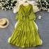 French gentle style V-neck flared sleeve tied waist, big swing ruffle edge dress, women's drape feeling, slimming long skirt