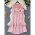 New Chinese style hollow out buckle round neck loose lace up dress with loose ties, showing a slimming temperament, slit jacquard satin long dress