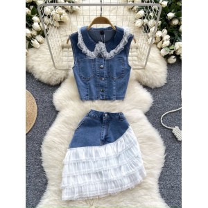 Xiaoxiang style denim suit women's summer lace doll collar sleeveless short top+irregular hip hugging skirt