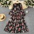 High waisted dress for women in early autumn, new French retro V-neck lantern sleeves, slimming temperament, ruffled floral long skirt