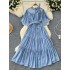 Summer women's new French retro elegant design with lace up round neck flared sleeves, cinched waist for slimming chiffon dress