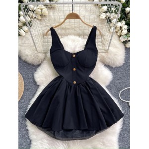 French retro Hepburn style small black dress for women, summer court style waist cinching slimming A-line fluffy suspender flower bud dress