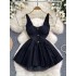 French retro Hepburn style small black dress for women, summer court style waist cinching slimming A-line fluffy suspender flower bud dress